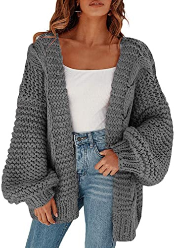 Cicy Bell Women's Open Front Chunky Knit Cardigans Loose Lantern Sleeve Oversized Sweater Coats Grey L