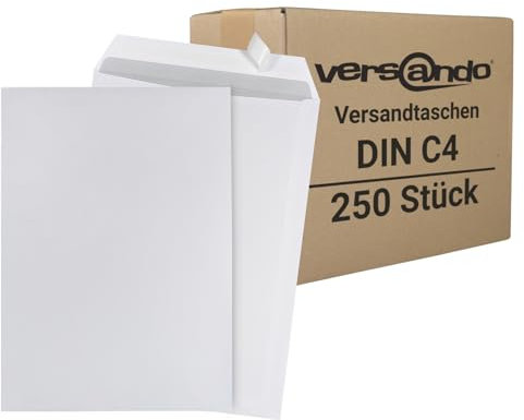 versando 250x Versandtaschen C4 ohne Fenster Haftklebend 229 x 324 mm weiß: Briefumschläge für Büro, wichtige Unterlagen, blickdicht, einfach verschließbar (1 Karton)
