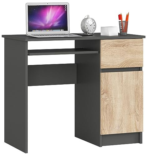 AKORD Piksel Schreibtisch Klein mit Schubladen | Office Desk | Computertisch | Bürotisch mit Tastaturablage | Schublade und Fach mit Tür | 90x77x50 cm 30 kg | Schrank Rechts | Graphitgrau|Sonoma-Eiche