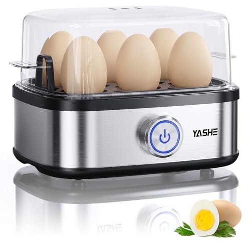 YASHE Rapid Egg Boiler, 400W Compact Egg Cooker Multi-Functional, 6-Eggs Easy to Peel, Soft, Medium, Hard Boiled, Poacher, Omelet Maker, Steamer, Buzzer, Indicator light, Stainless Steel