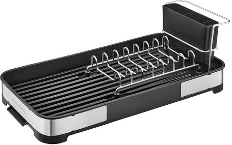 SONGMICS Small Dish Drying Rack, Mini Dish Dryer for Kitchen Counter, Stainless Steel Dish Rack with Drain, Utensil Holder, Rustproof, for Dishes, Knives, Spoons, Forks, Silver and Black KCS034B01