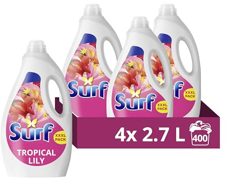 Surf Tropical Lily Laundry Washing Liquid with a joy-infused fragrance with natural essential oils lasting up to 12 hours in wear Detergent for brilliantly clean results 400 washes (4x 2.7 L)