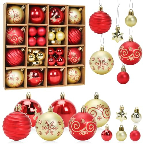 Palline di Natale Rosse e Oro, 44 Pezzi Decorazioni Albero di Natale, Palline Albero Natale, Addobbi Natalizi per Albero, Palle e Stelle dell'Albero di Natale, Appendere Addobbi Natalizi