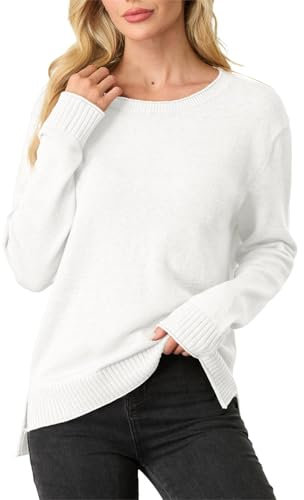 GRECERELLE Lätt tröja för kvinnor, casual sidoklyvning, långa ärmar, toppar, damtröjor för kvinnor, pullover, jumper, elegant, Vit, XL