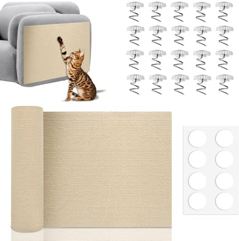 Kratzmatte Katzen Selbstklebend, Kratzteppich Katze Wand Kratzschutz Sofa Katze DIY Climbing für Wandmontage Möbel Kratzschutz Tür mit Sofaschnallen und Doppelseitige Klebepunkte 40×200cm Khaki