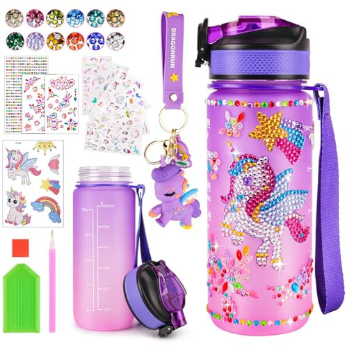 HGRGHH Enhörningsgåvor för tjejer 4 5 6 7 8 9 10 år, DIY vattenflaska pysselset, vattenflaska skola tjejer, pysselset diamantmålning för barn 5-12 år födelsedag, lila.