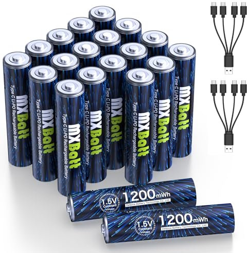 MXBatt Pilas Recargables AAA USB C 1,5V Litio 1200mWh Alta Capacidad, Pilas AAA Recargables Litio 20 Pieces con Cable Puerto USB C 1500 Ciclos 1 Hora de Carga rápida