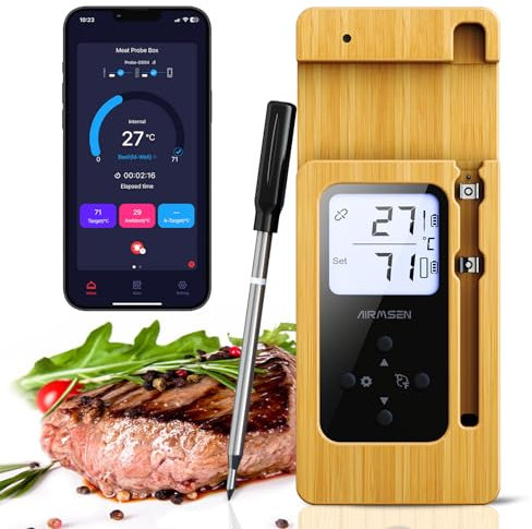 AIRMSEN Fleischthermometer Kabelloses mit LCD-Display, IPX8-Wasserdichtes Bratenthermometer, Grillthermometer Bluetooth mit 150m Reichweite, App-Steuerung, Keramikgriff, für Grill, Ofen und BBQ