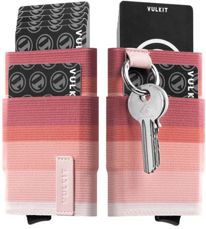 VULKIT Tarjetero Desplegable para Tarjetas de Crédito, con Bloqueo RFID, Cartera Delgada prar Hombres y Mujeres con Bolsillo Elástico y Llavero, Raya rosada, 0.3 x 2.5 x 3.9 inches, Minimalista