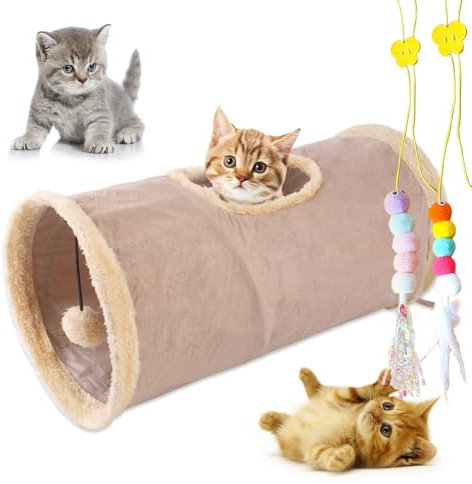mymai Faltbarer katzentunnel mit weichem Wildlederbezug, interaktiver Rascheltunnel für Katzen mit 2 Hängenden Spielzeugen, ideal für Kaninchen kleine Haustiere (Khaki, A)