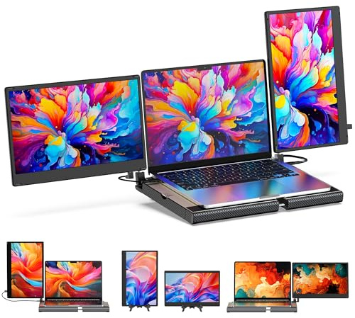 SMISEACOW Tragbarer Monitor für Laptop - 360° Drehung F3 Dreifach Monitor Horizontal und Vertikal Mit Ständer 14 Zoll IPS FHD 1080P für PS5 Kompatibel Mit Windows/Mac/Mini PC