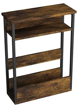 URBNLIVING Modern 3-Tier Rustic Brown Slim Coffee Side Table with Storage, Newspaper Magazine Shelf Rack, Skinny Compact Nightstand, Space-Saving Bedside Sofa End Desk for Small Spaces