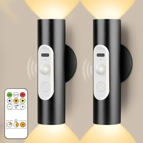 2 Pezzi Applique da Parete Interno con Sensore di Movimento Telecomando, Lampada Luce Notturna Camera da Letto Lettura a Batteria Ricaricabile, Luci Emergenza Faretto LED da Parete Interno Senza Filo