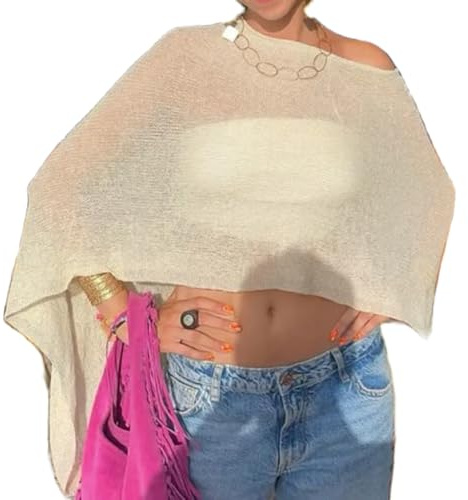 Caziffer Sheer Phncho Top for Women Mesh Crochet Knit Bolero Shrug Shawl Tops Asymmetrical One Shoulder Sweater Cover Ups (Creamy White, One Size)