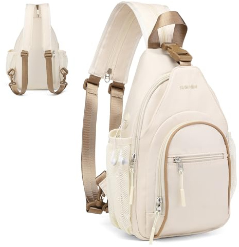 SUIKIHUM Crossbody Sling Bag with Water Bottle Holder, 8.3 Convertible Small Backpack Anti Theft Daypack, Chest Fanny Pack for Men Women, Beige