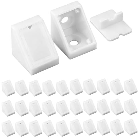 GVSS 30 Pièces Équerre D'angle pour Étagère en Plastique Blanc 20 x 18 mm, Connecteurs de Meubles avec 60 Vis,Support d'Angle Universel pour Montage Rapide et Renforcement des Meubles