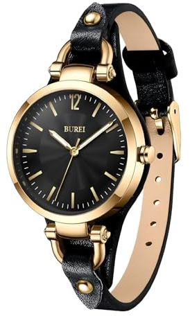 BUREI Women Watches Simple Leather Strap Watch Luxury Quartz Watches Small Thin Ladies Watch Bracelet Band Wristwatch Relogio Feminino (Black face Golden)