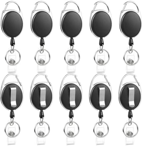 10 Pack Retractable Badge Reels with Carabiner and Key Ring, Black | 25.5 in retractable cord, heavy-duty plastic and metal, clips to belt or bag, for ID cards, keys and passes