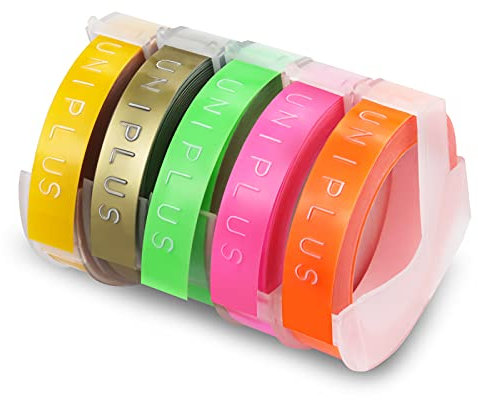 UniPlus 5x Kompatibel mit Omega Prägeband als Ersatz für 3D Vinyl Prägeetiketten für Dymo Prägegerät S0717930 Junior Motex E-101, E-103, Weiß auf Fluoreszierend Grün/Rosa/Orange/Gold/Gelb, 9mm x 3m