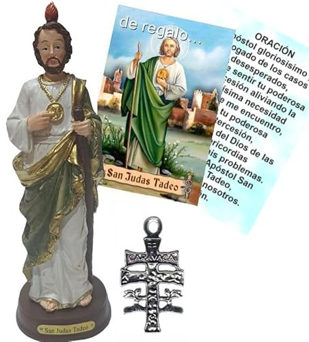 Figura San Judas Tadeo Pintada a Mano.16 cms. De Regalo un Colgante Cruz de Caravaca y estampas de San Expedito, San Pancracio, San Judas Tadeo y San Miguel.