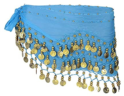 SamHeng Belly Dance Hip Scarf with 128 Dangling Gold Coins, Chiffon 3 Rows Belly Dance Skirt Wrap Belt, Belly Dance Costume Accessories for Women Girls