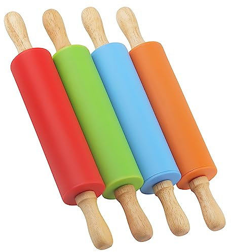 HAKZEON 4 Pack 23cm Mini Rolling Pins, Silicone Rolling Pin with Wooden Handle, Non-Stick Rolling Pin for Pastry, Dough and Pizza (Orange, Red, Blue, Green)