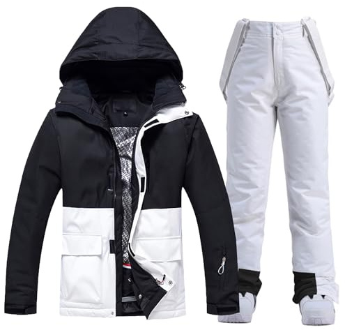 WOWULOVELY Women's Waterproof Ski Jacket and Pants Winter Windproof Rain Warm Hooded Coat Snowsuit Snowboarding, 133HB, White,XL