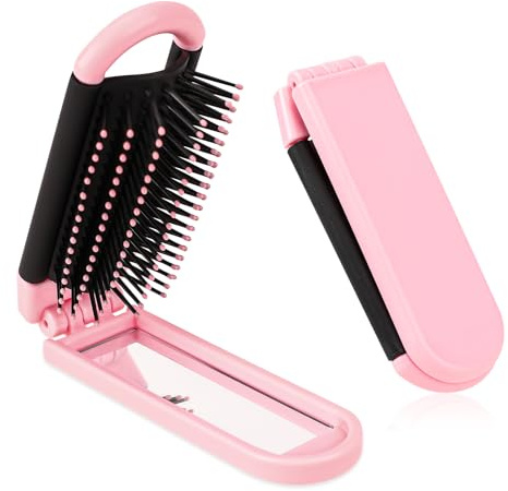 Travel Folding Brush with Mirror by 1 Pack - Collapsible Pocket-Size Massage Comb for Styling, Gym, Trips, Purse, Swimming (Pink)