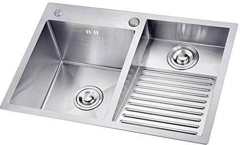 Lavandino a doppia vasca in acciaio inox 304 con kit di scarico e asse integrato ideale per lavanderia, balcone o negozio, profondità 22 cm, dimensioni 60 cm a destra