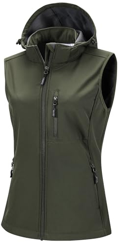 33,000ft Veste softshell pour femme avec capuche amovible doublée en polaire sans manches, veste de sport imperméable et coupe-vent avec 5 poches pour l'équitation, la course, la randonnée, vert olive