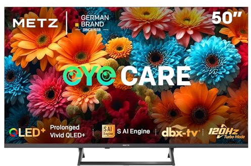 Metz QLED TV 50 Pouces (126 cm) 4K Smart LED Television Google Tele HDR 10 MEMC DBX Dolby Atmos Game Hub EyeCare Tuner DVB-T/-T2/-C/-S/-S2 CI+ (2025 Modèle, Noir 50MQF7500Z)