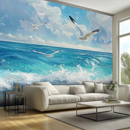 Seaside Wallpaper Mural, Ocean Nautical Seagull Wall Mural, Non-woven Print Photo Wallpaper for Bedroom Living Room Decor 150x105 cm SCz99