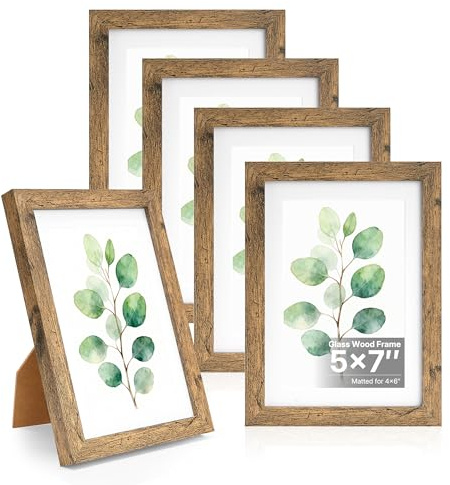 5x7 Picture Frame Wood, Wood Picture Frames 5x7 Wooden Picture Frames with Real Glass, Rustic 5 x 7 Photo Frame for Wall or Tabletop, Display Picture 4x6 with Mat or 5x 7 Without Mat (5 Brown)