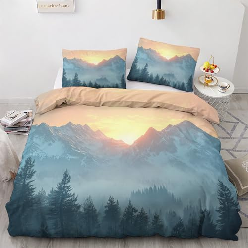 Generisch Berg Sonnenuntergang Bettwäsche 135x200cm, Kiefer Wald Landschaft Bettwäsche-Sets 2 Teilig, Bettbezug + 1 Kissenbezüge 80x80cm Weich Mikrofaser mit Reißverschluss 21D&-5