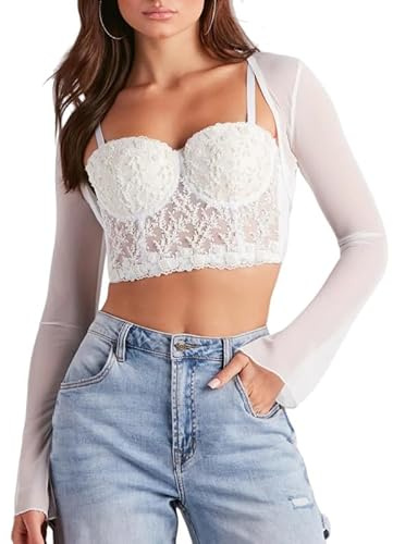 Sukiglam Bolero dam, festlig, långärmad, mesh, shshshhrug, boleros med klockärmar, elegant, transparent, mesh, kort kofta, lätt axeljacka för fritid, sport, bröllop, höst, ärmar, bolerojacka