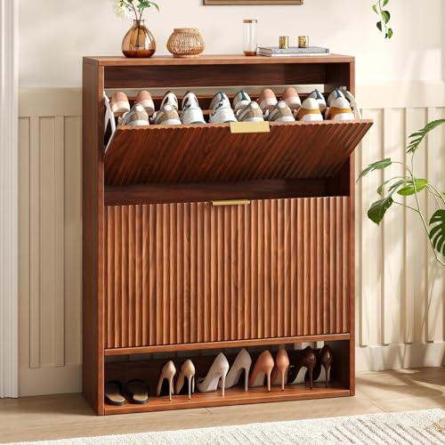 Hootata 31.5''W Walnut Shoe Storage Cabinet for Entryway with 2 Flip Drawers, Narrow Wood Fluted Shoe Rack Cabinet,Freestanding Slim Shoe Organizer Cabinet for Foyer, Hallway