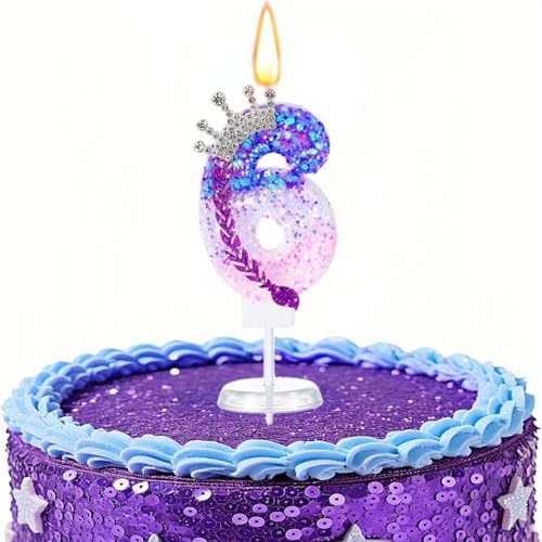 K pop Candele per compleanno a forma di numero con glitter per decorazione a tema musica di cartoni animati, viola e rosa (numero 6)