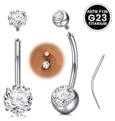 Barra de ombligo de titanio WillTen 6/8/10/12/14/16mm corta/larga, anillos de piercing de botón de ombligo de titanio G23 con hilo interno de circonita cúbica en plata u oro con ahusamiento para la