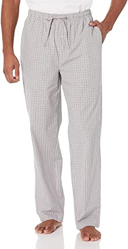Amazon Essentials Men's Cotton Poplin Straight-Fit Pajama Pants with Pockets, Elastic Waist, Drawstring, Grey Plaid, Medium