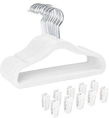 Finnhomy Non-Slip Clothes Hangers for Baby and Kids 30-Pack Velvet Hangers with 10 Finger Clips, White