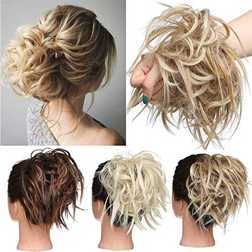 TESS Postiche Chignon Synthetique, Chignon Cheveux Naturel Elastique Décoiffé Extension Chouchou, Blond Miel + Blond Clair