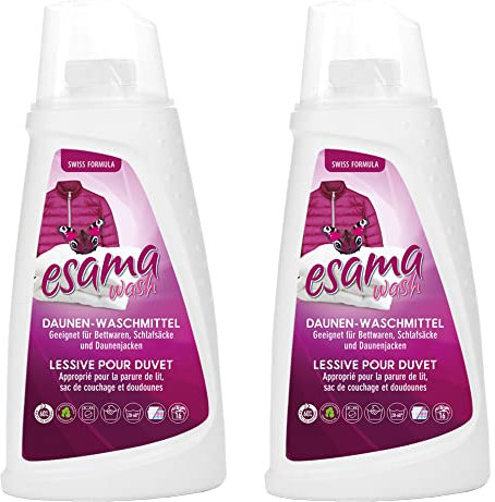 Esama wash 2x1L Daunenwaschmittel bis zu 32 Waschgänge für Daunen, Daunendecken, Daunenjacken, für weiße, als auch für farbige Textilien und Handwäsche geeignet