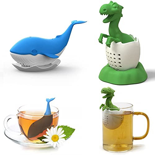 Teesieb, 2Pcs Teesieb für Losen Tee, Tee Ei Sieb, Tee-Ei Abnehmbarer für Tasse aus Silikon in Lustig Wal- und Dinosaurierform
