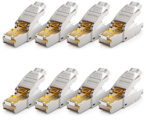 deleyCON 8x CAT 8 Nätverkskontakt RJ45 Verktygsfri Skärmad 40 Gbit/s Nätverk Kontakt för Styva Råkabel Installationskabel Kontakt RJ45 Ethernet LAN DSL Patchkabel
