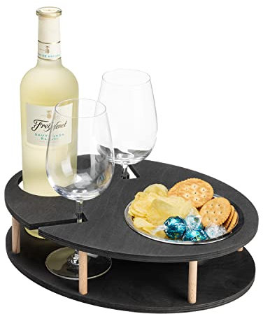 INEXTERIOR – Couchbar WeinBar handgefertigt aus Holz in Schwarz mit Wunschgravur – Runde Snack Box mit Snackschale, Weinflaschenhalter & sicherem Weinglashalter - Couchbutler Couchorganizer Tablett