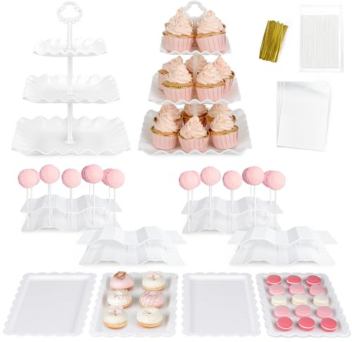 NWK Pack of 10 Reusable Cake Stand, Cupcake Stand, with 2X Large 2-Tier Cupcake Stands + 2X Large 3-Tier Cupcake Stands + 4 x Appetizer Trays +2 x Cake Pop Stands Perfect for Birthday