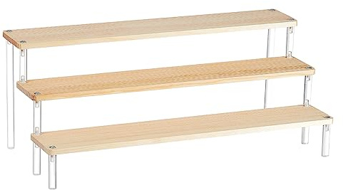 NBEADS 3-Tier Clear Acrylic Display Risers, Clear Display Shelf Ladder Shaped Wooden Risers for Candies, Jewelry Displays Rise for Show, Navajo White