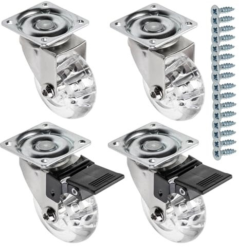 GTV - Ruedas para muebles BRAZIL, 4 unidades, juego de ruedas para muebles: 2 ruedas con freno, 2 sin freno, de acero y goma, +16 tornillos cónicos 4 x 17, diámetro: 50 mm, color: transparente
