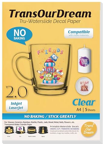 TransOurDream Tru-Waterslide Decal Paper Clear 2.0 A4 5 Sheets Printable Water Transfer Paper for Inkjet & Laser Printers,Water Slide Decals Transparent for Mugs,Tumblers, DIY Glasses(017-5)