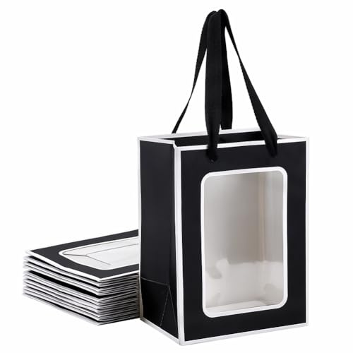 NBEADS 12Pcs Kraft Paper Gift Bags with Clear Window, 20x15x10.3cm Paper Gift Tote Bags with Handles Paper Shopping Bags for Birthday Bridal Shower Festival Party, Black White